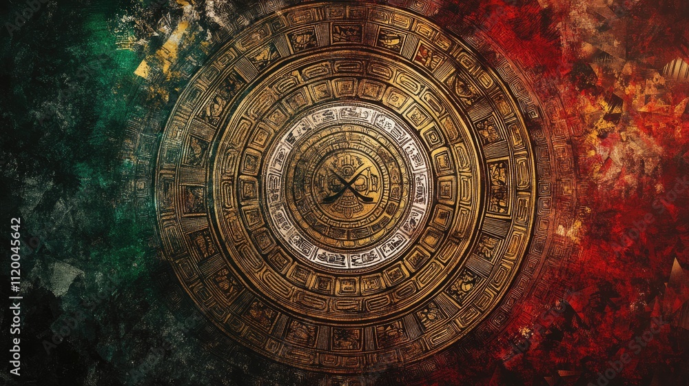Obraz premium The Mexican flag with intricate Aztec inspired patterns and earthy tones