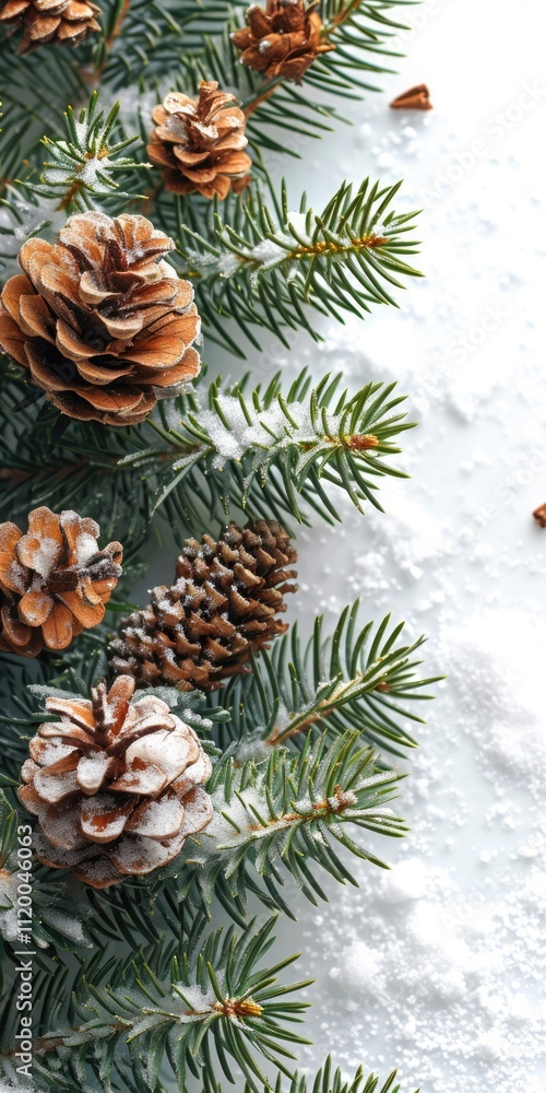Festive Christmas Greeting Card with Snowy Fir Tree Branches and Pine Cone on White Background Festive Christmas Greeting Card with Snowy Fir Tree Branches and Pine Cone on White Background