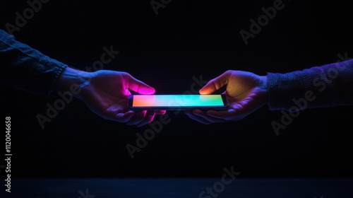 Two hands exchange a smartphone glowing brightly