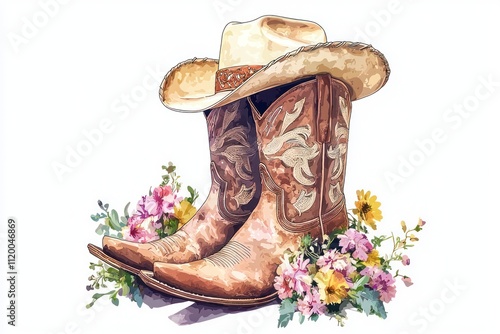 Cowboy boots for cowgirl with bouquet of flowers and hat isolated on white. Generative AI.