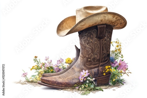 Cowboy boots for cowgirl with bouquet of flowers and hat isolated on white. Generative AI.