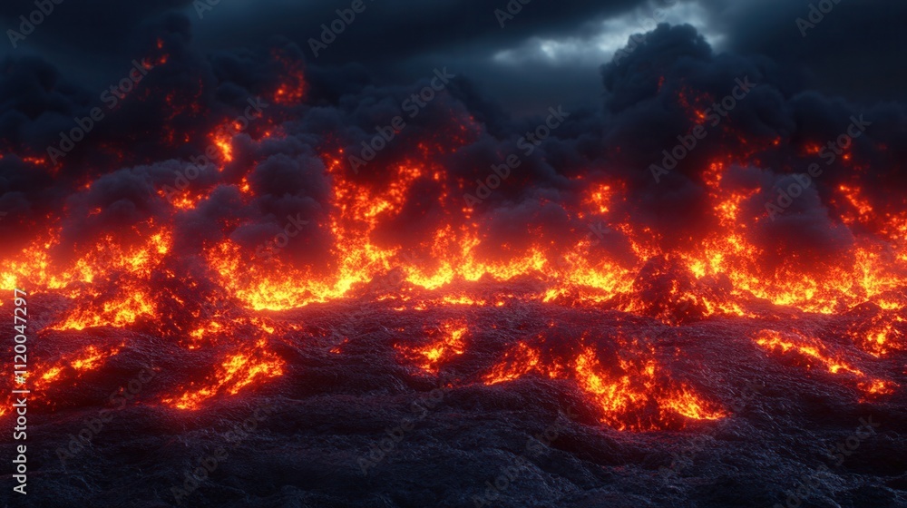 A dramatic scene of glowing lava flows against a dark, stormy sky, showcasing the raw power of nature's volcanic activity. A dramatic scene of glowing lava flows against a dark, stormy sky, showcasing the raw power of nature's volcanic activity.