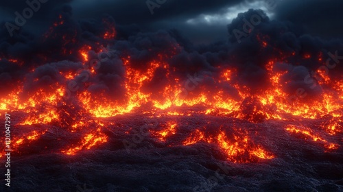 A dramatic scene of glowing lava flows against a dark, stormy sky, showcasing the raw power of nature's volcanic activity.