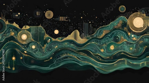 Abstract digital art with green and gold marbling effect and white circles, resembling galaxy.