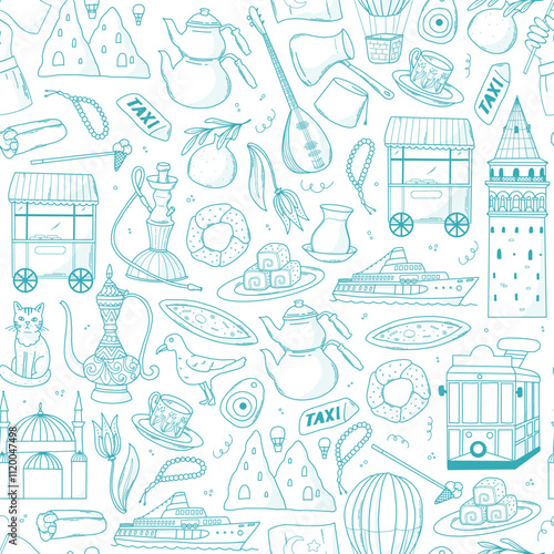 Turkiye and Istanbul doodles seamless pattern for wallpaper, wrapping paper, backgrounds, packaging, prints, stationery, textile, etc. EPS 10