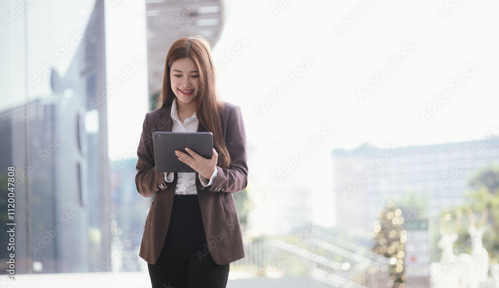 Fototapeta premium Confident businesswoman walks down a lively city street with laptop in hand. She exudes determination and success.