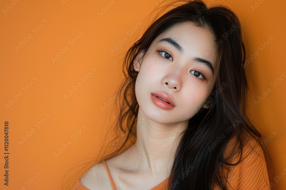 Asian woman poses for camera in studio photography session. Asian woman poses for camera in studio photography session.