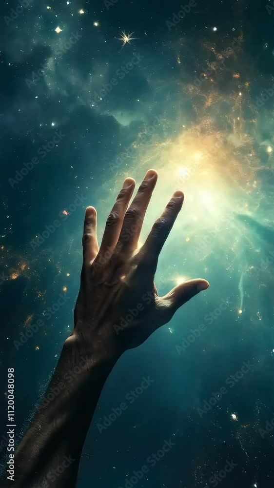 Outstretched Hand Reaching Toward a Starry Cosmic Explosion Outstretched Hand Reaching Toward a Starry Cosmic Explosion