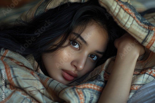 South Asian model posing in hotel apartment for beauty shot.