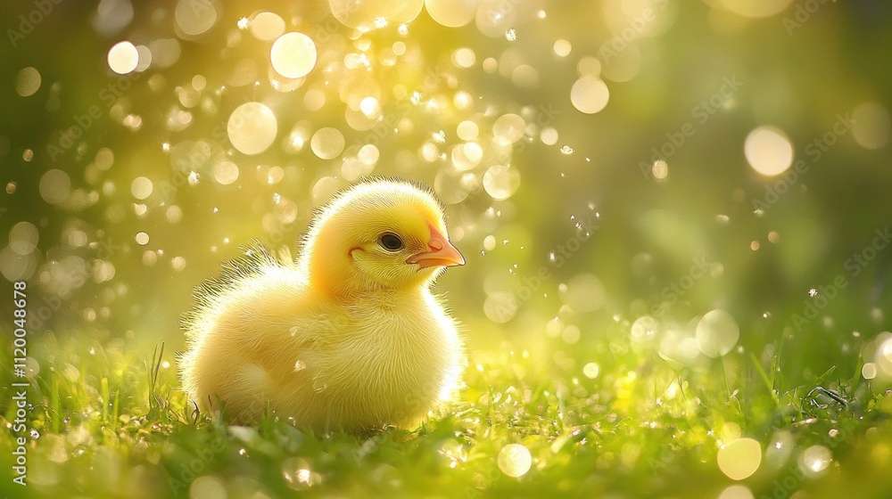 A fluffy yellow chick sits in a field of green grass with a bokeh of light shining down. A fluffy yellow chick sits in a field of green grass with a bokeh of light shining down.