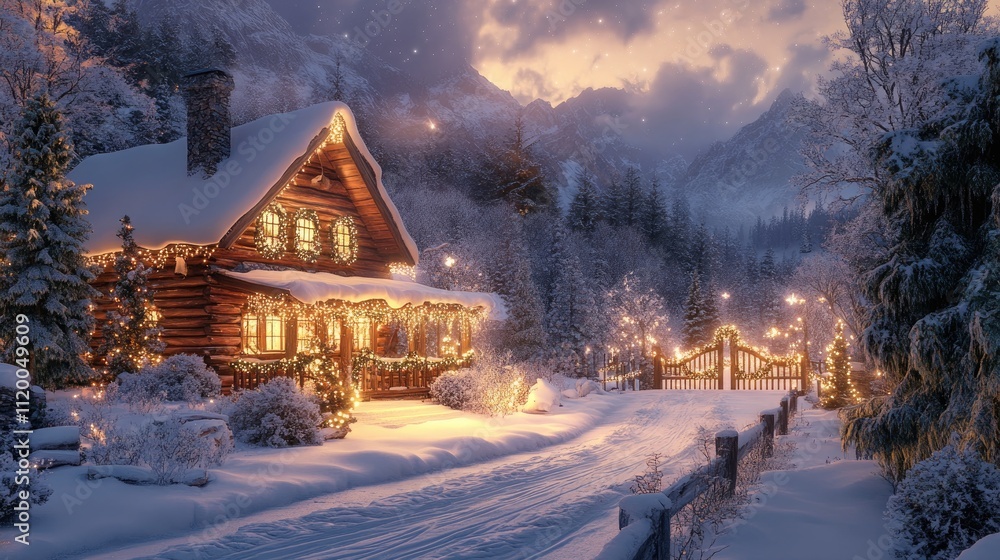 Christmas log cabin glowing in snowy mountain landscape at twilight Christmas log cabin glowing in snowy mountain landscape at twilight