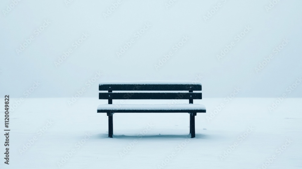 Snow covered bench in a deserted park during winter with solitude and stillness Snow covered bench in a deserted park during winter with solitude and stillness