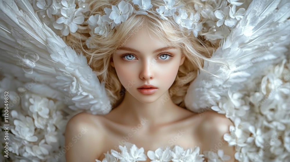 A beautiful young woman with white wings and flowers lying on a bed of white flowers, looking up at the camera. A beautiful young woman with white wings and flowers lying on a bed of white flowers, looking up at the camera.