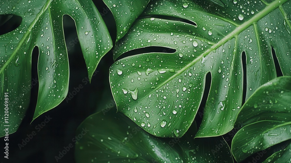Water droplets forming on a jungle plant leaf, highlighting humidity created through transpiration Water droplets forming on a jungle plant leaf, highlighting humidity created through transpiration