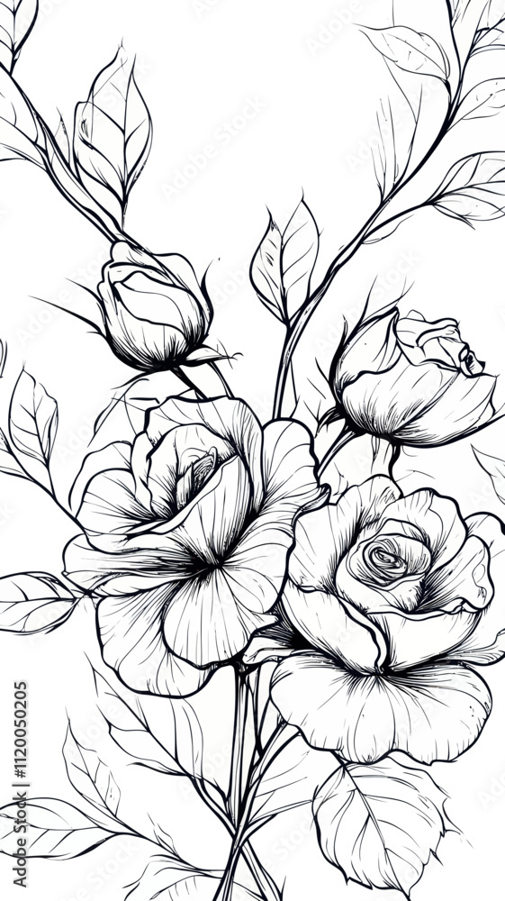 Intricate Rose Flower and Bud Branch Vector Illustration for Coloring Books Intricate Rose Flower and Bud Branch Vector Illustration for Coloring Books
