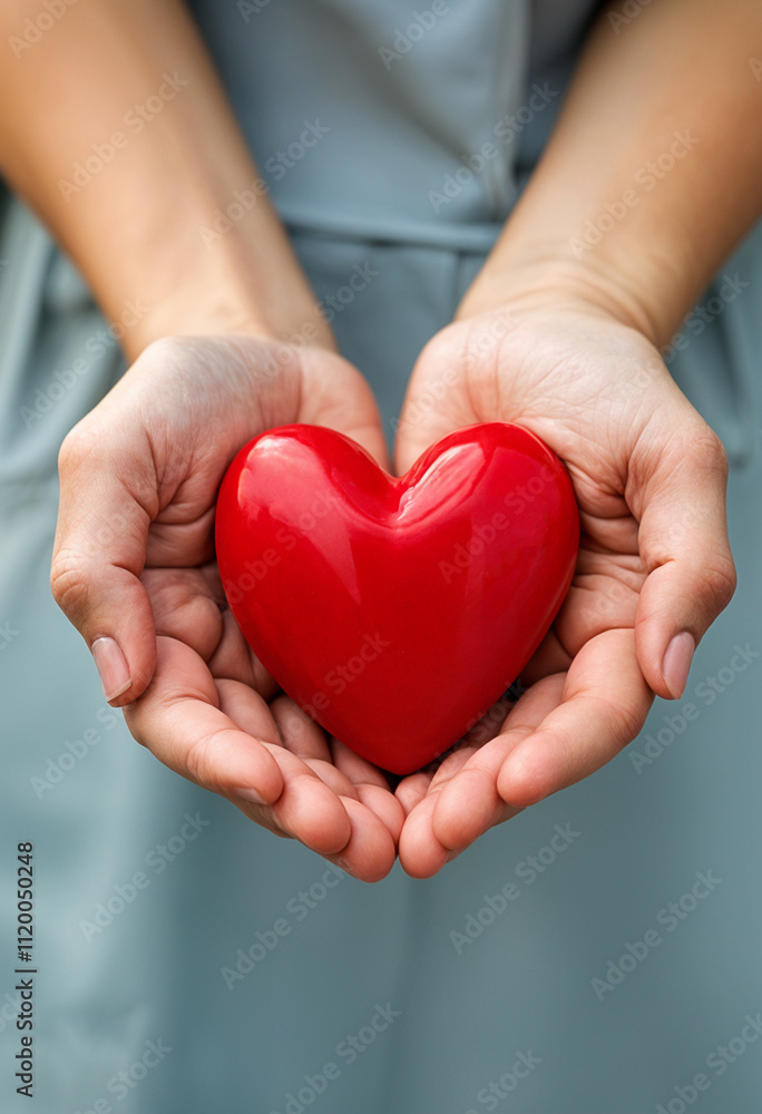 hands carefully hold a red heart. hands carefully hold a red heart.