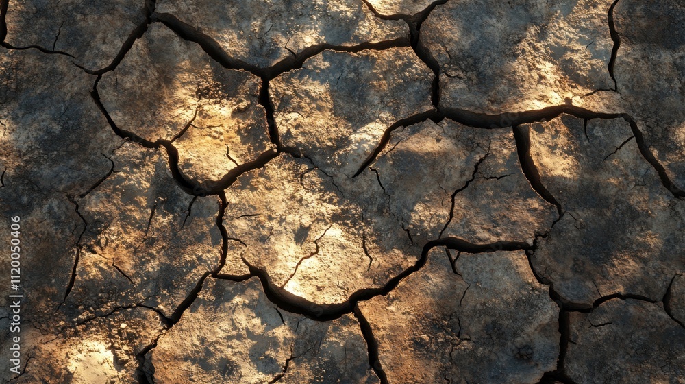 Deserted land with dry cracks, soft sunlight symbolizing hope amidst the harshness of drought conditions Deserted land with dry cracks, soft sunlight symbolizing hope amidst the harshness of drought conditions