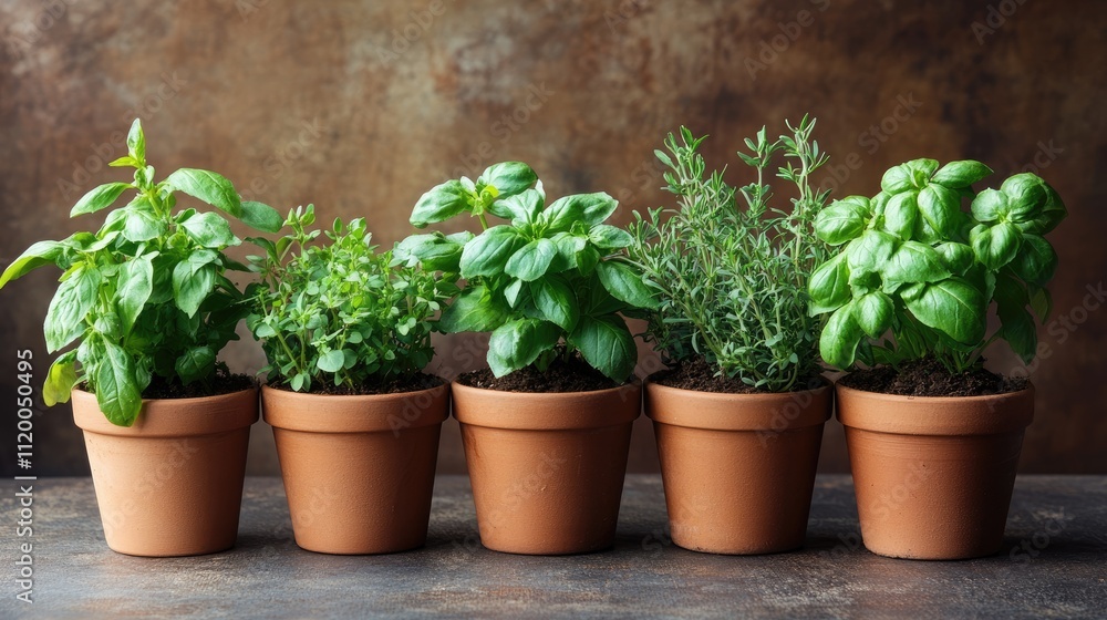 Fresh herbs growing in terracotta pots on rustic background Fresh herbs growing in terracotta pots on rustic background