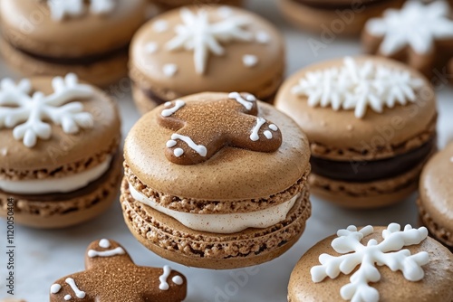 Christmas gingerbread macarons decorated with snowflakes and gingerbread men