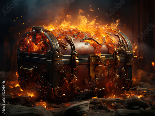 Open burning metal chest: Flames consuming a treasure trove photo