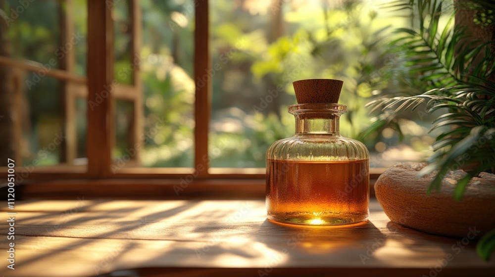 Amber liquid in glass bottle on wooden surface, sunlight. Amber liquid in glass bottle on wooden surface, sunlight.