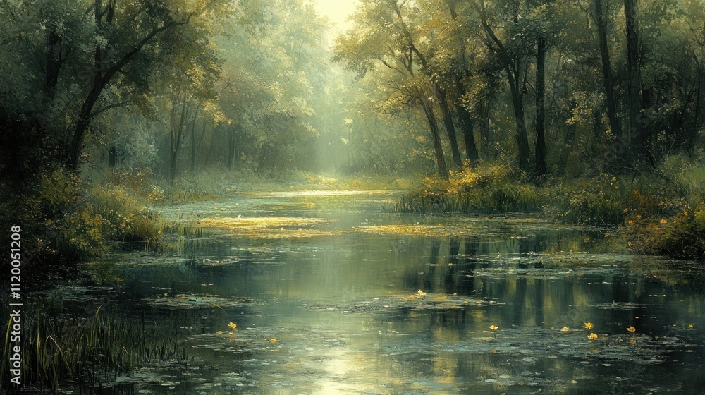 Obraz premium A serene, sunlit forest scene with a calm waterway reflecting the surrounding greenery.