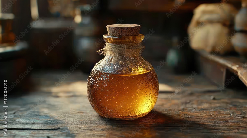 Amber liquid in antique bottle on wooden table. Amber liquid in antique bottle on wooden table.