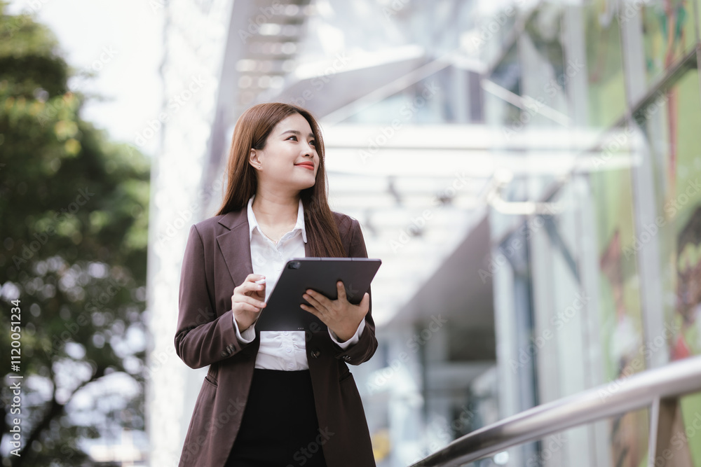 Elegant Asian woman in formal suit talking to someone or using mobile app on smartphone. Elegant Asian woman in formal suit talking to someone or using mobile app on smartphone.