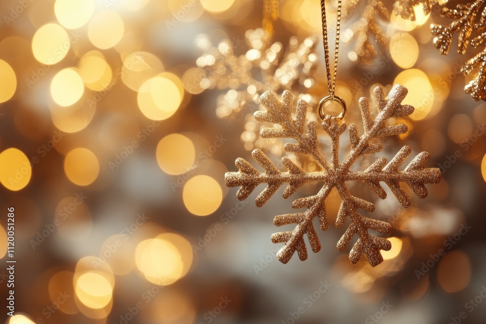 Golden snowflake ornament hanging with blurred christmas lights in background Golden snowflake ornament hanging with blurred christmas lights in background