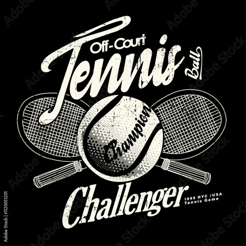College-style tee shirt with tennis ball. tennis club girls. tennis racket. illustration for graphic tee. t shirt or sweatshirt poster use. Vintage sporty typography.  tennis club t-shirt design.
