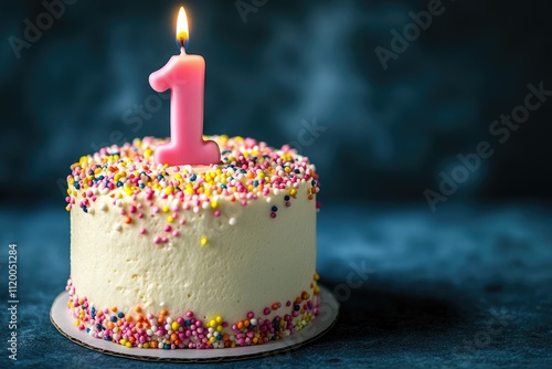 First birthday cake celebrating one year with lit candle and sprinkles