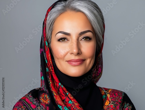 A woman with grey hair wearing a colorful headscarf