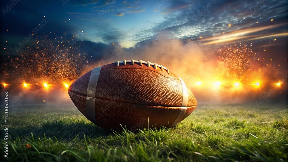 Dramatic Football on Field with Explosive Background Dramatic Football on Field with Explosive Background