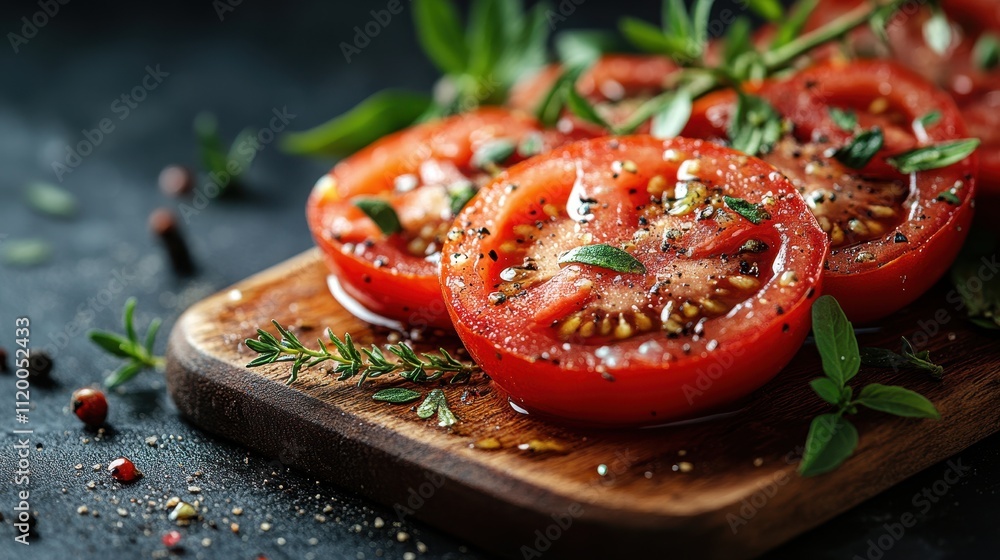 Fresh Sliced Tomatoes with Herbs and Spices on a Wooden Cutting Board Fresh Sliced Tomatoes with Herbs and Spices on a Wooden Cutting Board