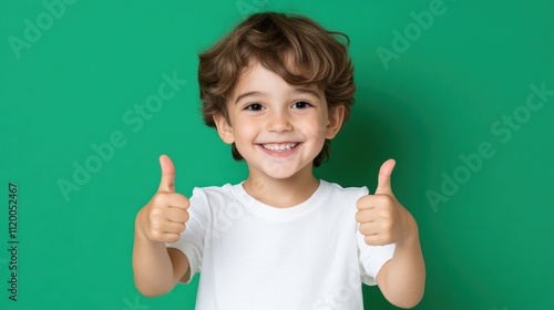 A cheerful child giving thumbs up against a green background.
