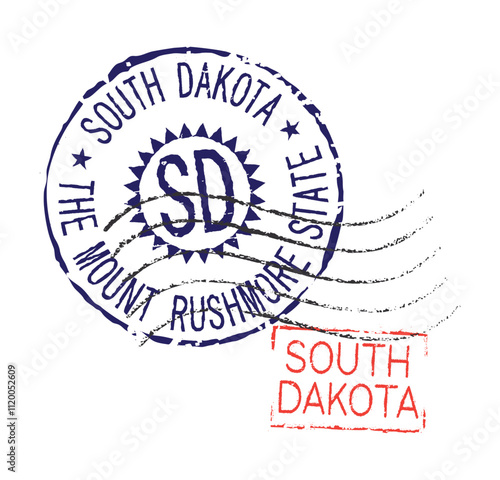 Postal rubber stamps SOUTH DAKOTA and SD zip code abbreviation, along with the state symbol. Retro seals for letter envelopes, greeting cards, passports, parcels.