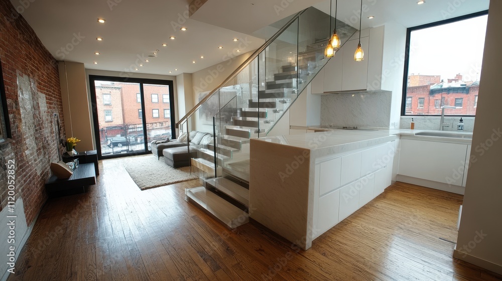 Modern Open Concept Living Space with Stylish Staircase and Large Windows Modern Open Concept Living Space with Stylish Staircase and Large Windows