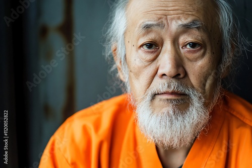 Portrait of an elderly asian inmate contemplating his situation while wearing an orange jumpsuit photo