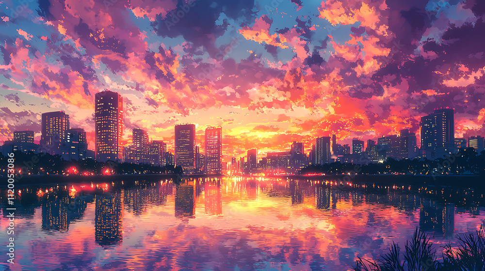 Obraz premium A city skyline is reflected in a body of water