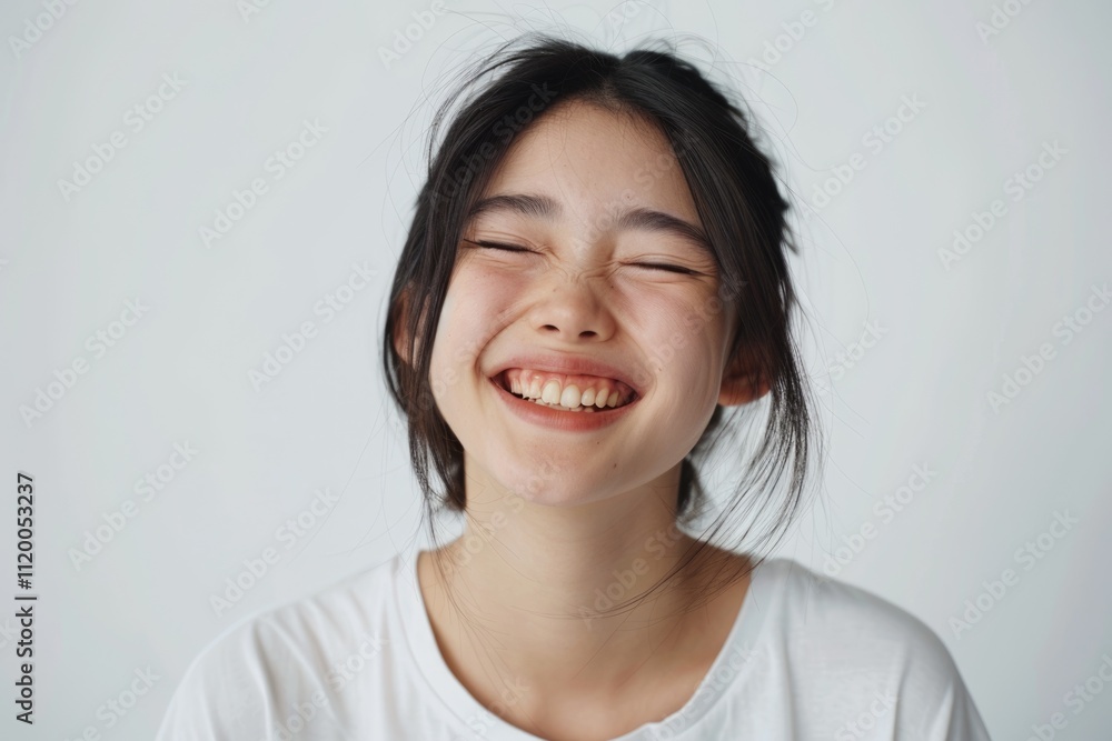 Asian woman laughing at joke eyes closed white background. Asian woman laughing at joke eyes closed white background.