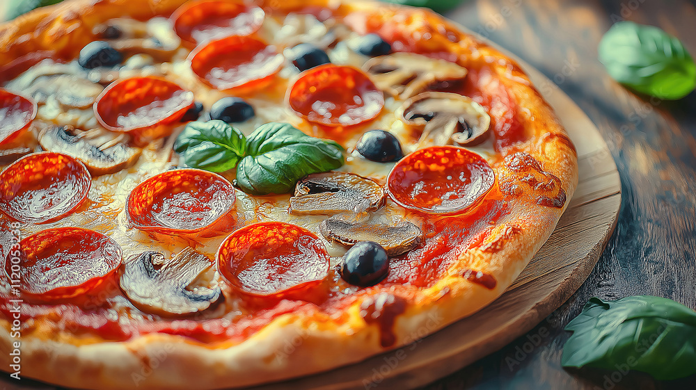 Delicious Pepperoni Pizza with Mushrooms and Olives on a Plate.Close-up of a gourmet pepperoni pizza topped with mushrooms, olives, and fresh basil. Delicious Pepperoni Pizza with Mushrooms and Olives on a Plate.Close-up of a gourmet pepperoni pizza topped with mushrooms, olives, and fresh basil.