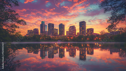Fototapeta Naklejka Na Ścianę i Meble -  A city skyline is reflected in a body of water at sunset