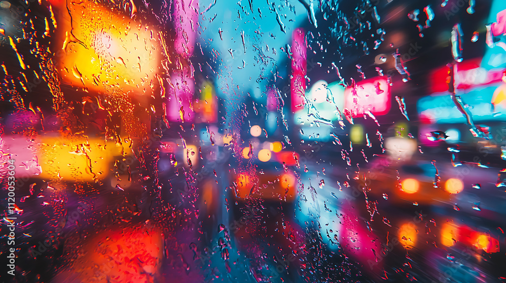 Naklejka premium A blurry image of a city street with neon lights and raindrops on the window