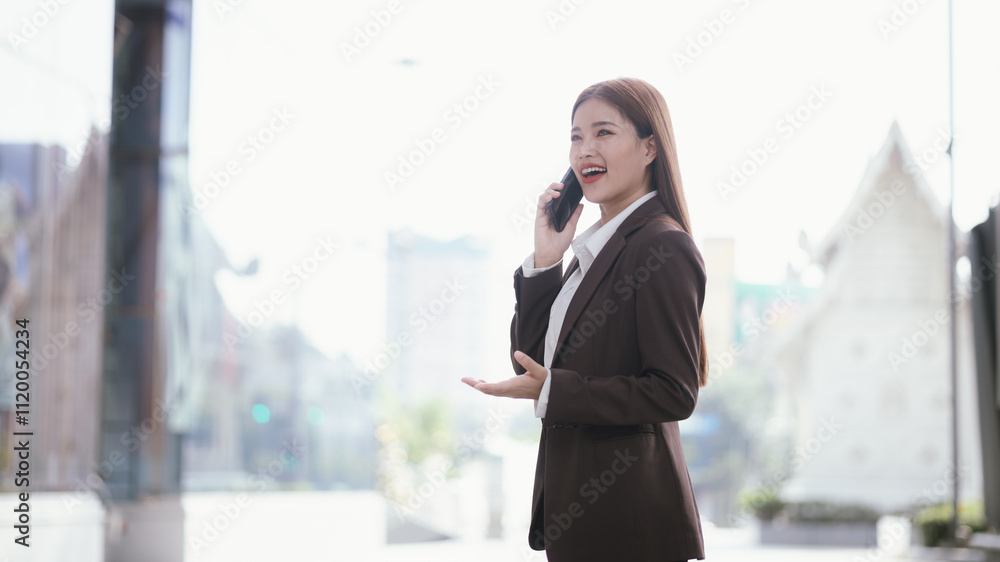 A casually dressed Asian businesswoman sips coffee while playing with her mobile phone outdoors. She smiles confidently and represents the new generation of entrepreneurs. A casually dressed Asian businesswoman sips coffee while playing with her mobile phone outdoors. She smiles confidently and represents the new generation of entrepreneurs.