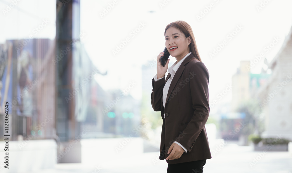 A casually dressed Asian businesswoman sips coffee while playing with her mobile phone outdoors. She smiles confidently and represents the new generation of entrepreneurs.