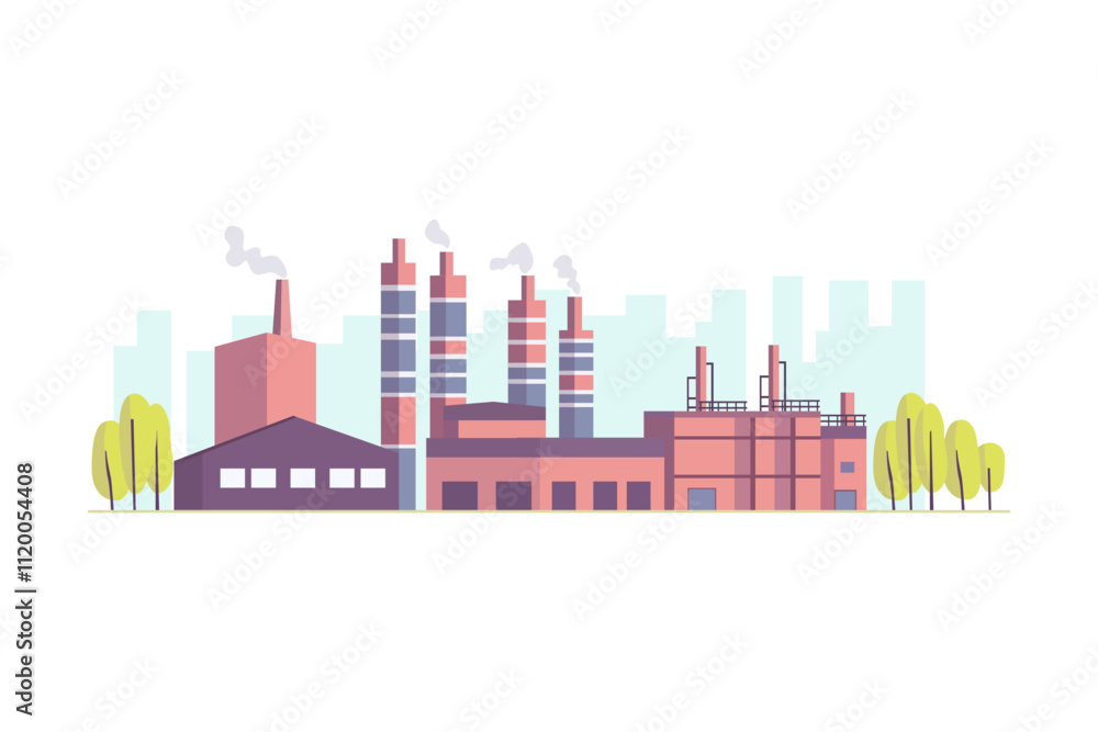 Obraz premium Industrial plant against the backdrop of city silhouettes. Factory with large chimneys emitting smoke. Vector illustration of a manufacturing plant with a city background.