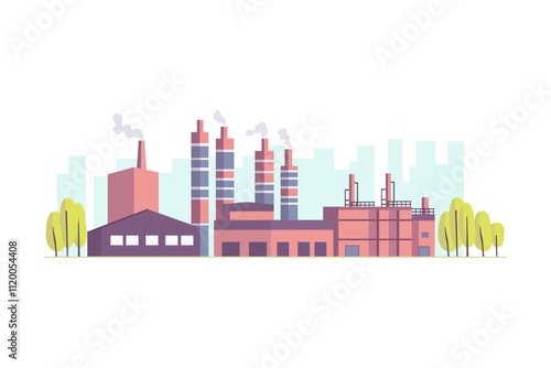 Industrial plant against the backdrop of city silhouettes. Factory with large chimneys emitting smoke. Vector illustration of a manufacturing plant with a city background.