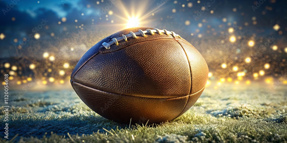Glowing Football on Field with Bokeh Lights at Night Glowing Football on Field with Bokeh Lights at Night