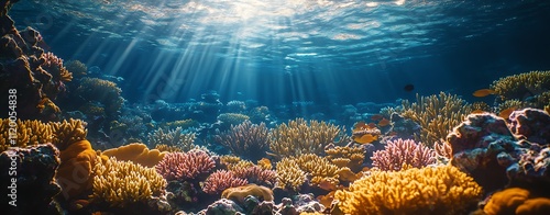 Visual storytelling photography narrative, Underwater Scene with Vibrant Coral and Sunlight photo