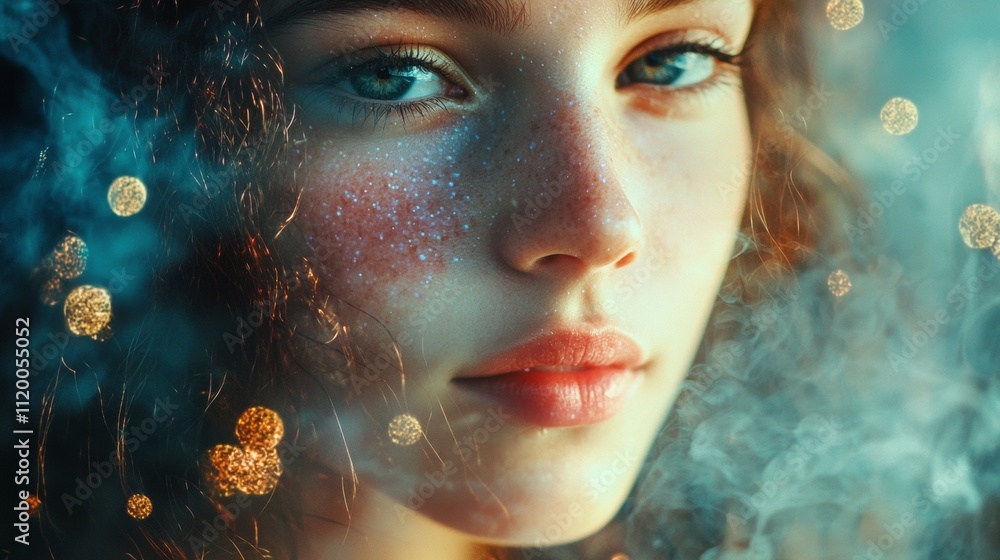 Portrait of a woman with glitter and dreamy background Portrait of a woman with glitter and dreamy background